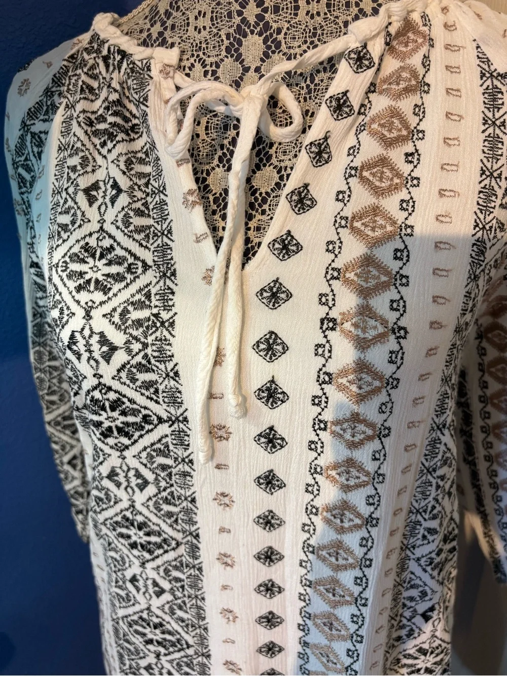 Blue Rain White Dress with Black and Tan Embroidered Print